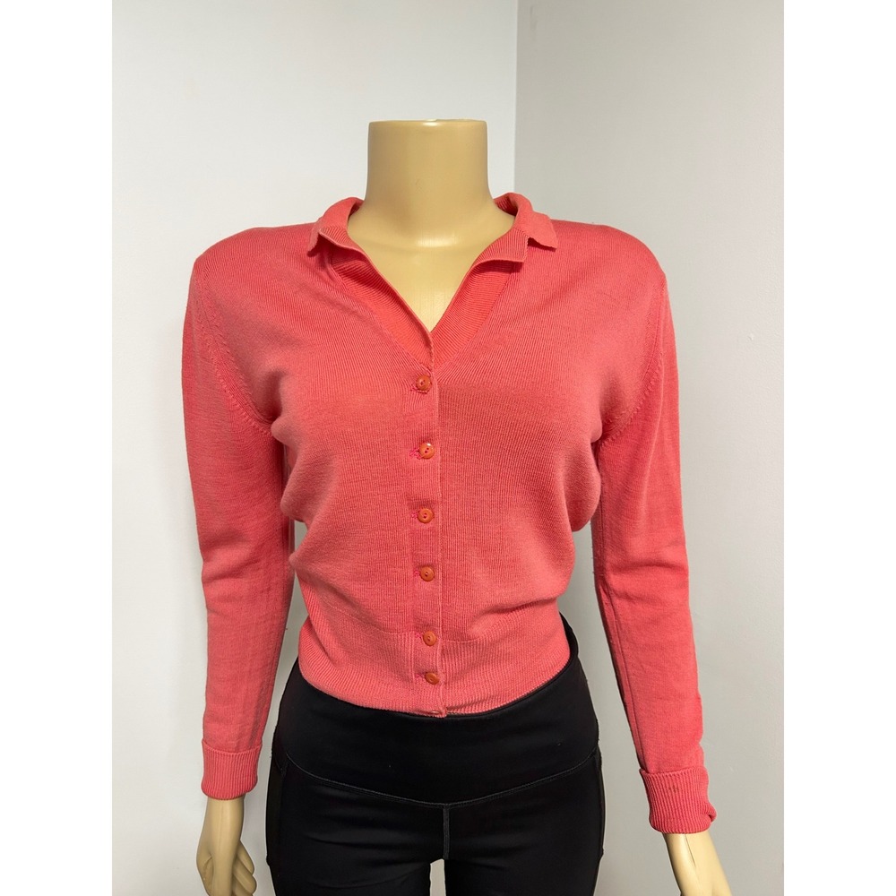 Vintage Grey Deer Coral Pink Wool Cardigan Polo Collar Button Front Sweater 36